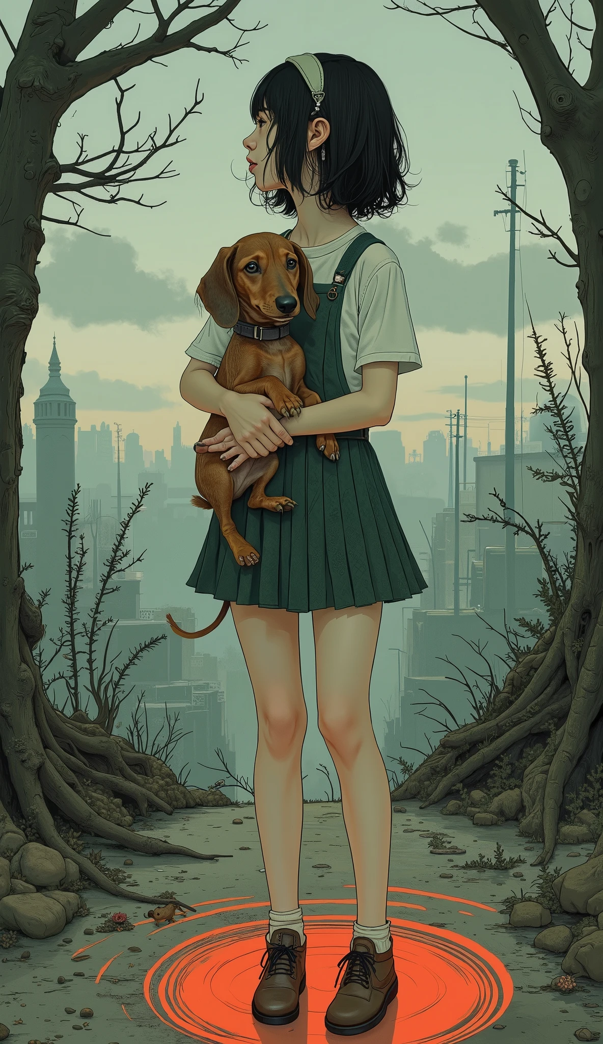 Short curly hair tied at the back、the girl with the matching headband、she's wearing a white short-sleeved top and a green argyle-patterned pleated skirt. she's standing in a mysterious red magic circle on the ground、I have a dachshund in my arms. she's wearing white knee-high socks and brown shoes. The vibe is fantastic and magical, with a touch of humor.