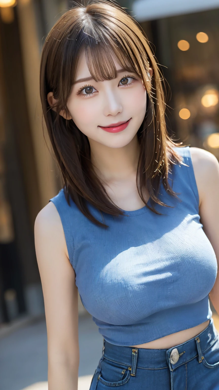 Ultra-realistic), (An illustration), (High resolution), (8k), (Very detailed), (最高のAn illustration),(Raw photo, Best Quality), (Realism, Photorealistic:1.4), Mastepiece, Very delicate and beautiful, Extremely detailed, 2k wallpaper, amazing, Fine details, Very detailedなCGユニティ8kの壁紙, Super detailed, High resolution, Beautiful detailed girl, Very detailedな目と顔, Beautiful detailed nose, Beautiful detailed eyes,Cinematic Lighting,Perfect Anatomy,Perfect promotion,(A shy smile, Beautiful Face), ((Perfect Legs, Perfect legs, Perfect hands, Perfect hands指, Perfect Arms, A shy smile, The mouth is perfect)), Looking straight at the camera, Bangs and ear bangs, (((Cute Japanese girl wearing denim shorts)))、 ((((((A beautiful 20-year-old Japanese girl wearing a bright, vivid blue sleeveless T-shirt.)))))), (((H cup big breasts)))、(((Bursting Busty!!!!!!!!!))) (((Huge boobs!!!!)))、((Huge breasts))、(((Attractive big breasts!!!!!!))), ((((Full body writing)))),  ((((Bob Cut Hair)))),  ((Solo Photo)),  ((Black Hair)), ((((Beautiful smile)))), (Slender body), ((Standing outdoors in a seductive pose)),  ((Emphasis on cleavage)), ((huge breasts))