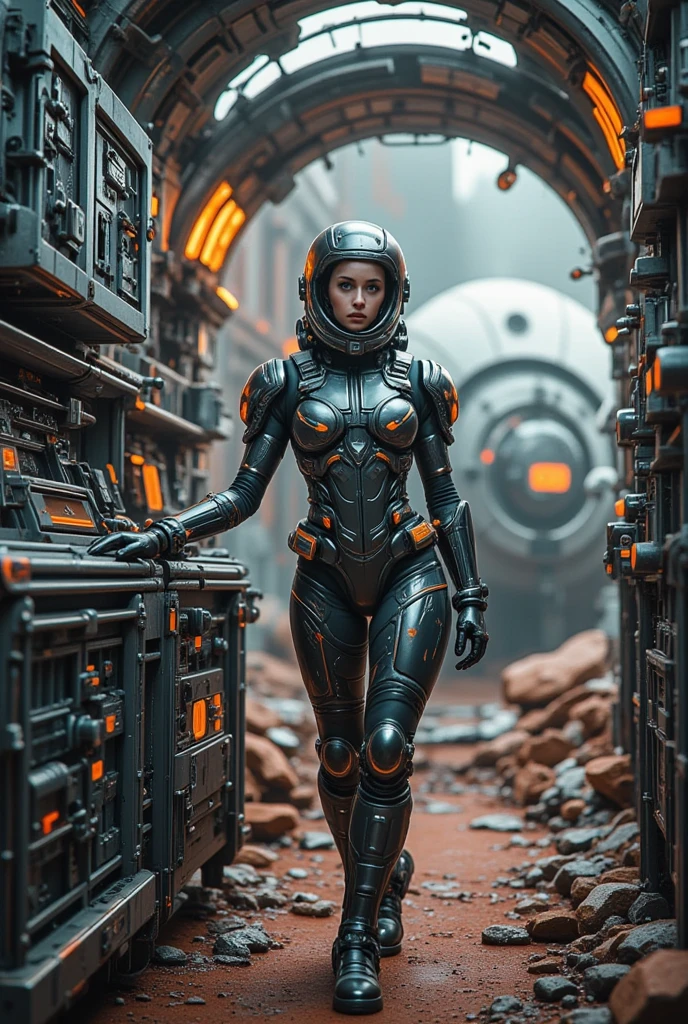 A slender and beautiful Ukrainian female space worker wearing a cyberpunk high-tech cast, carrying tools, maintaining a clunky spaceship that has been used as a living space on a planet with a thin atmosphere and a desolate atmosphere. A maintenance pose, an old and dirty industrial rover from space exploration nearby, a tool storage area, strong atmospheric perspective, strong depth of field, masterpiece, live-action space science fiction One cut of the movie, 8K