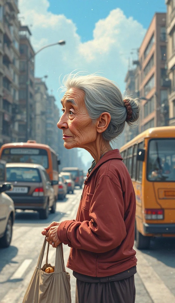 एक 50 साल की बुढी अम्मा जो हात मे बैग लेकर सड़क  के किनारे खड़ी हो और सड़क पर बहुत बाहन चल रहे हो     immage cartoon tiip full hd 