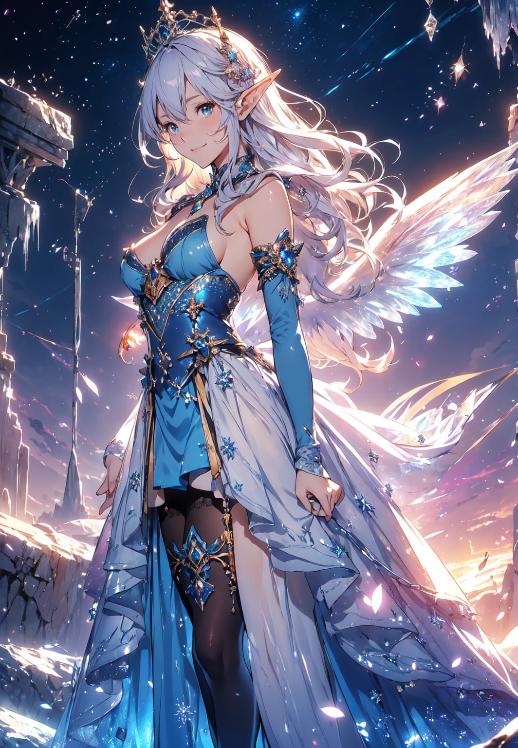 generate a lady name venade, wearing sexy magician outfit with huge wings, while holding a wand, she is a fierce magician who is ready to spell her enemies, sparkling background, aurora effect, digital effect, glimmering effect, ambient effect, masterpiece, best quality:1.2),(8k,highres,RAW photo,realistic,photo-realistic:1.3),(detailed skin texture,detailed cloth texture,beautiful detailed face:1.25),professional lighting,photon mapping,beautiful soft light,radiosity,physically-based rendering,raytracing, model shoot style, model shoot style, (extremely detailed CG unity 8k wallpaper), full shot body photo of the most beautiful artwork in the world,, (((NSFW))), (((nude))), (completly ?????))), (((nipples))