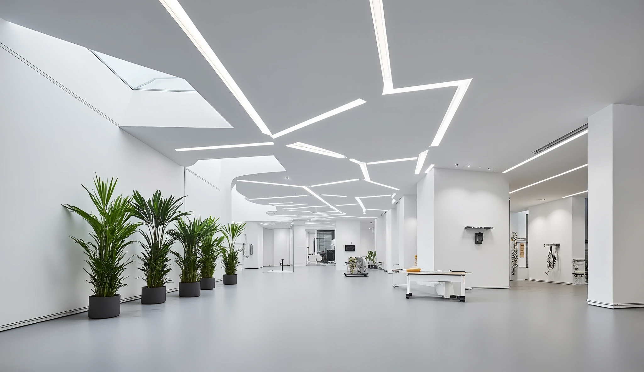 The interior of the ultra-modern hardware shop is vast, open, and intentionally unfurnished, showcasing the pure architectural form of the space. Expansive white walls rise clean and uninterrupted, meeting high ceilings with bold geometric lines and seamless edges. The flooring is a polished microcement or satin-finish epoxy in soft grey, flowing uninterrupted across the wide interior, enhancing the sense of space and calm. Above, continuous linear LED strip lights are recessed into the ceiling in dynamic, asymmetrical patterns, casting soft, ambient light that highlights the volume and texture of the space without harsh shadows. Subtle uplighting along select walls creates depth and dimension, adding a futuristic glow. To soften the modern minimalism, strategically placed interior plants—like tall ficus trees or clustered snake plants in sleek matte planters—bring a natural, sculptural presence to the space. Skylights and narrow clerestory windows allow daylight to wash in gently, creating a serene balance between high-tech design and organic calm. The overall impression is one of effortless sophistication: a monumental, uncluttered environment that feels more like a modern gallery or concept pavilion than a traditional retail store.