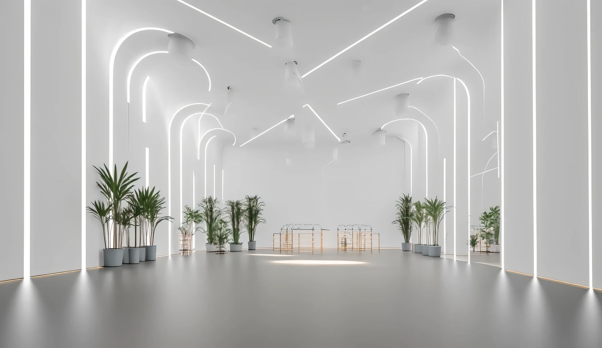 The interior of the ultra-modern hardware shop is vast, open, and intentionally unfurnished, showcasing the pure architectural form of the space. Expansive white walls rise clean and uninterrupted, meeting high ceilings with bold geometric lines and seamless edges. The flooring is a polished microcement or satin-finish epoxy in soft grey, flowing uninterrupted across the wide interior, enhancing the sense of space and calm. Above, continuous linear LED strip lights are recessed into the ceiling in dynamic, asymmetrical patterns, casting soft, ambient light that highlights the volume and texture of the space without harsh shadows. Subtle uplighting along select walls creates depth and dimension, adding a futuristic glow. To soften the modern minimalism, strategically placed interior plants—like tall ficus trees or clustered snake plants in sleek matte planters—bring a natural, sculptural presence to the space. Skylights and narrow clerestory windows allow daylight to wash in gently, creating a serene balance between high-tech design and organic calm. The overall impression is one of effortless sophistication: a monumental, uncluttered environment that feels more like a modern gallery or concept pavilion than a traditional retail store.