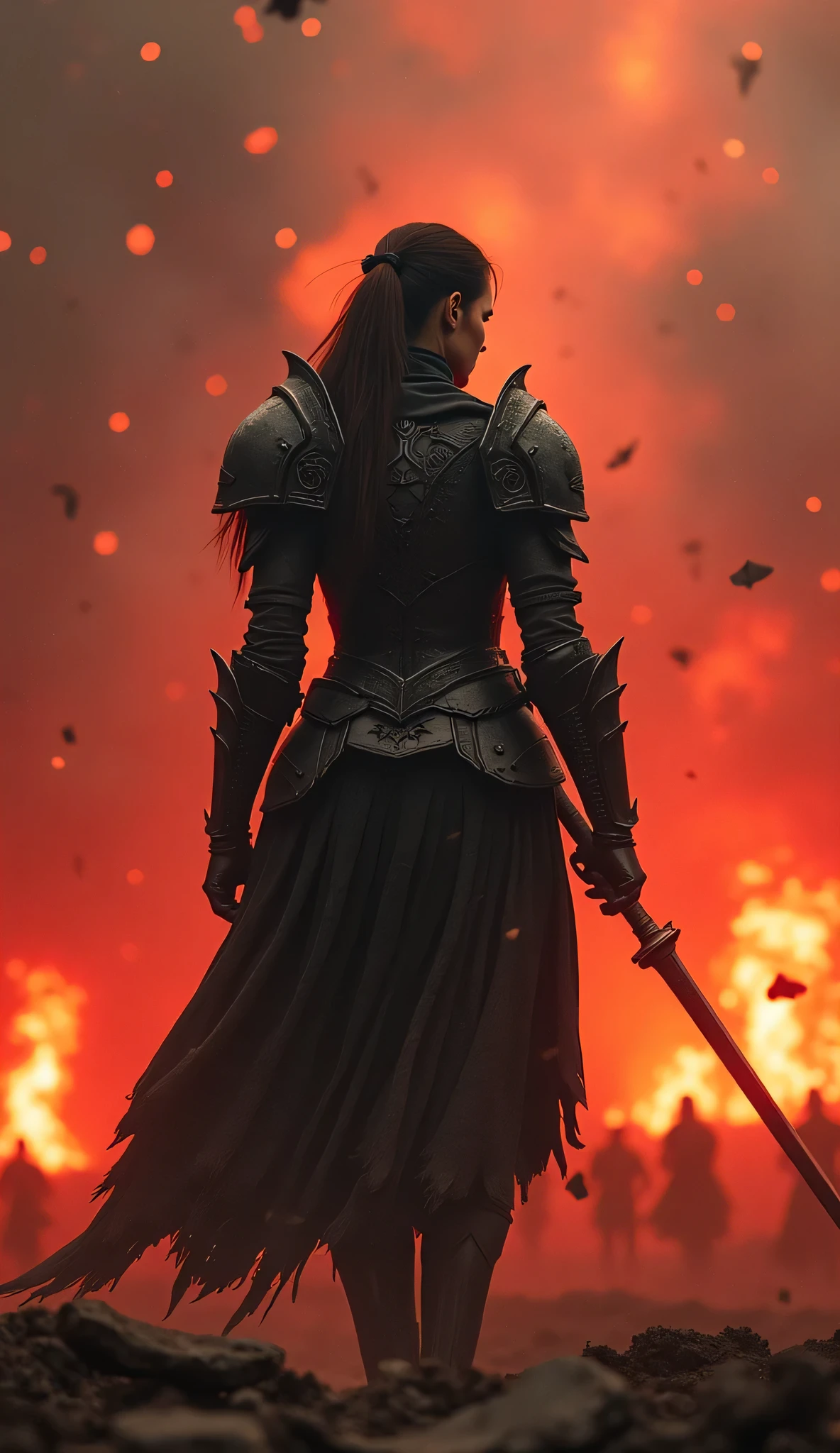 A battle-hardened female warrior in black iron armor stands amidst a smoky, crimson battlefield. Flaming debris falls from the sky. The atmosphere is gritty and cinematic, high contrast lighting, epic scale, concept art style.