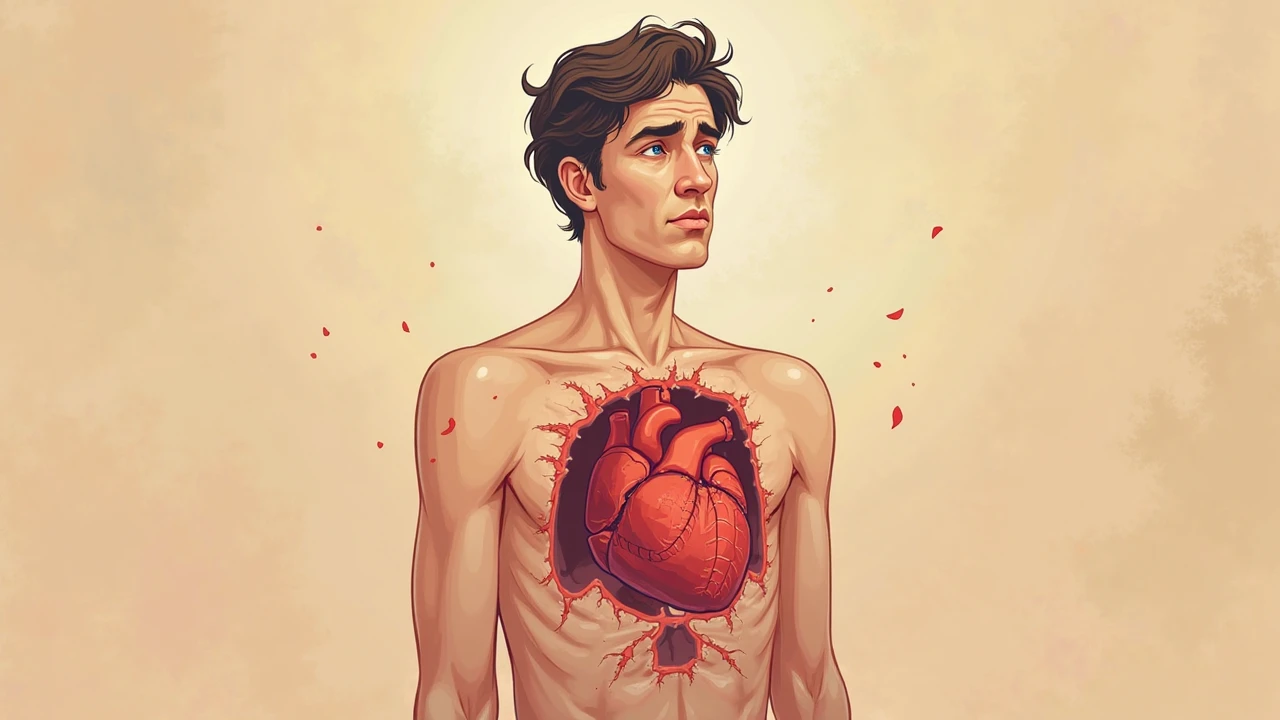 A drawing of a human with a realistic heart on his chest and a crown on the man&#39;s head.