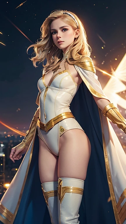 Starlight de The Boys sobrevolando la ciudad, semidesnuda, small and spectacular sexy iconic costume with cape, logo de Vougth en la capa, very sexy small clothes, ornate golden wristbands, botas blancas con dorado adornadas, el viento levanta su capa, joven, cuerpo muy delgado, super skynny body, small and beautiful buttocks, abdomen tonificado, I can see her beautiful and perfect small breasts, escote amplio, piernas hermosas, manos perfectas, intelligent, heroic, light particles surround your body, poder resplandeciente, obscena, super powerful, sensual, ella esta volando y observa la ciudad desde el cielo, New York city, Empire State, se observa la luna grande en el fondo,mirada sensual, ojos brillantes, classic hairstyle,Hair dyed in bright blonde color, Best quality,8K,A high resolution,Masterpiece,Ultra detailed,Realistic, Photorealistic,photo realistic