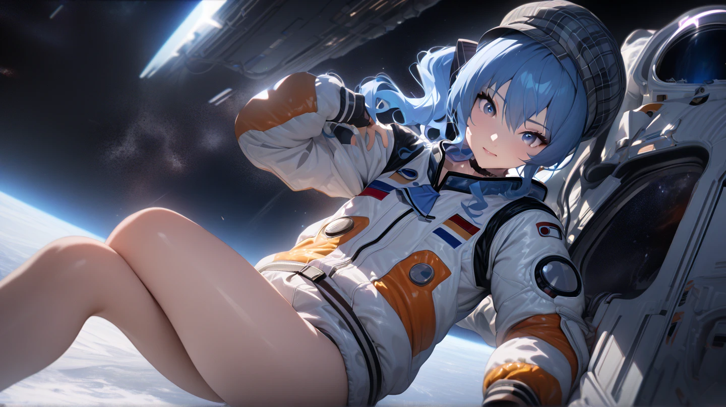 Chibi Chara　Ride a big spaceship into space　space suits　long hair with blue hair((Chibi Chara))、Fluffy、girl with、Chibi Chara、full body Esbian、Pastel colors hair、masutepiece、top-quality、a moon　constellation　planet earth