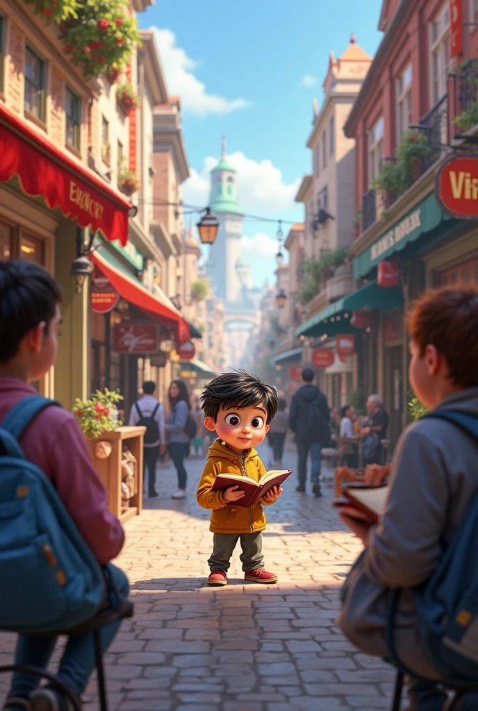 ren with Disney Pixar traits reading on the city streets in stores, Squares, offering to read to an adult several ren and teachers 