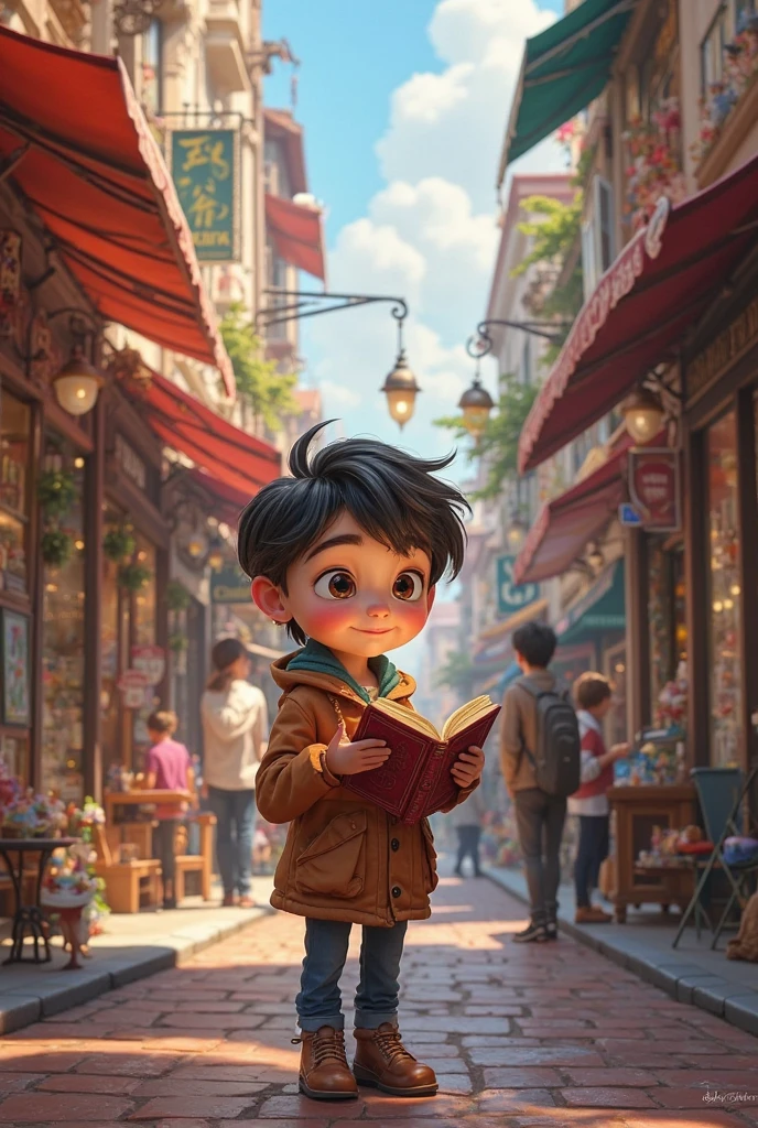 ren with Disney Pixar traits reading on the city streets in stores, Squares, offering to read to an adult several ren and teachers 