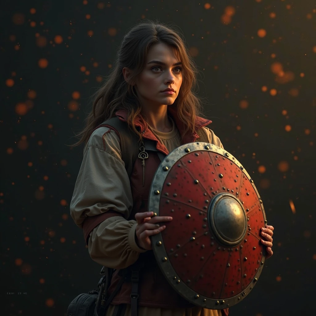 巨大なshieldを持つ女のTraveler、Dot ultra fine,4K,8K,realistic,like the picture,Professional,EXTREME DETAILS,generative model art,HDR,studio lighting for women,detailed oil painting,bokeh,rich colors,dark atmosphere,Traveler,female,shield,Polka dot pattern