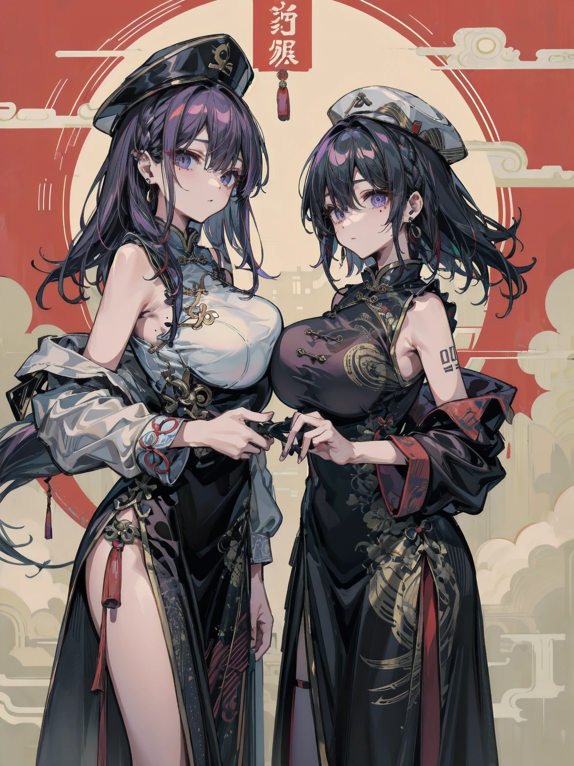 zombie，Chinese style，Tattered cheongsam，Large Breasts，Showing chest and legs，deep mountain，Fangs，blood