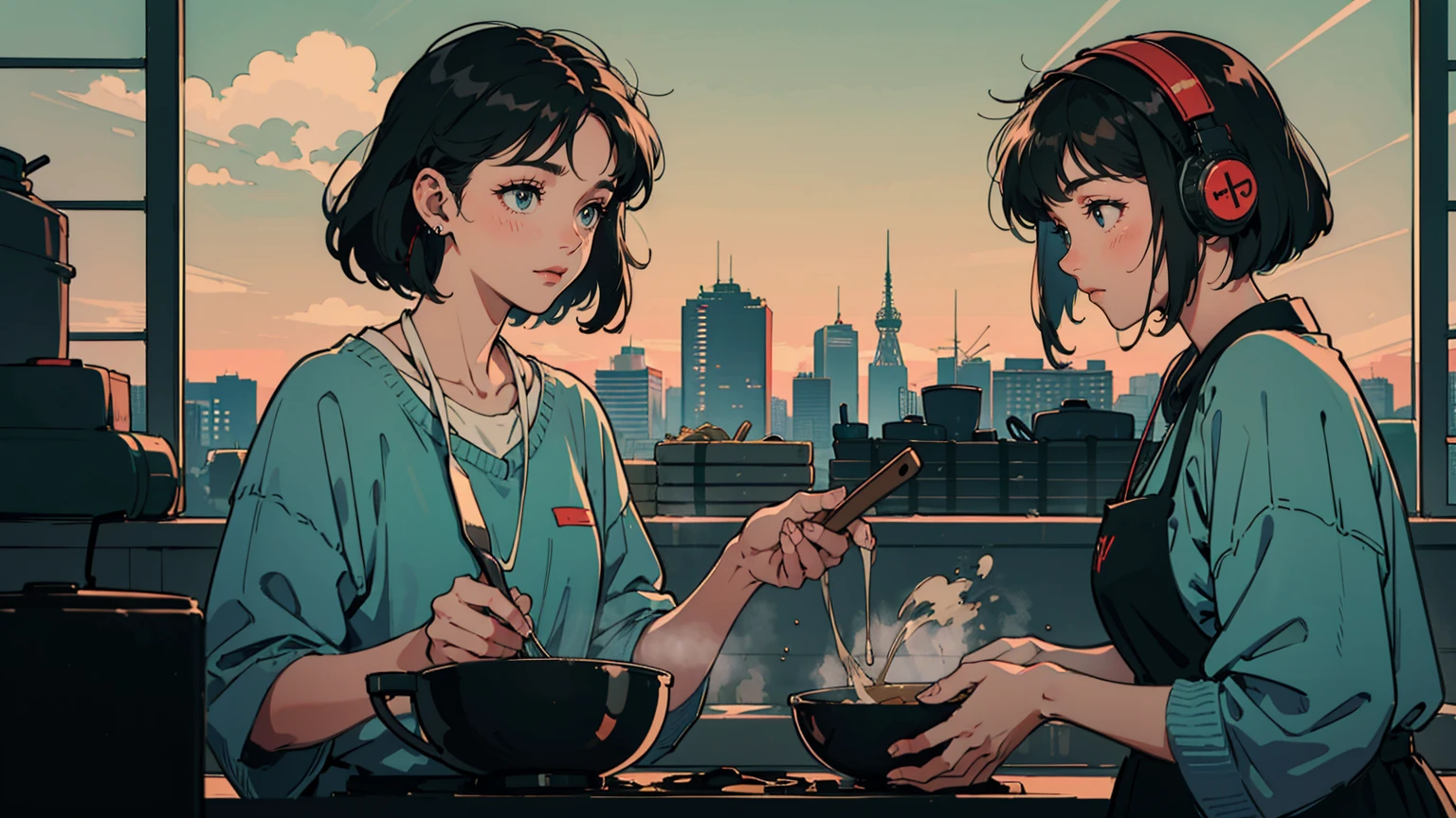 Alone, Quiet, beautiful woman, black eyes, Bob hair, Wearing large headphone, Masterpiece, Kitchen、Cooking pancakes、Alone, Quiet, beautiful woman, black eyes, Wearing large headphone, Masterpiece, Kitchen, Pan, Cooking curry, Good shef, beautiful tokyo view, beautiful tokyo view, beautiful sunset sky