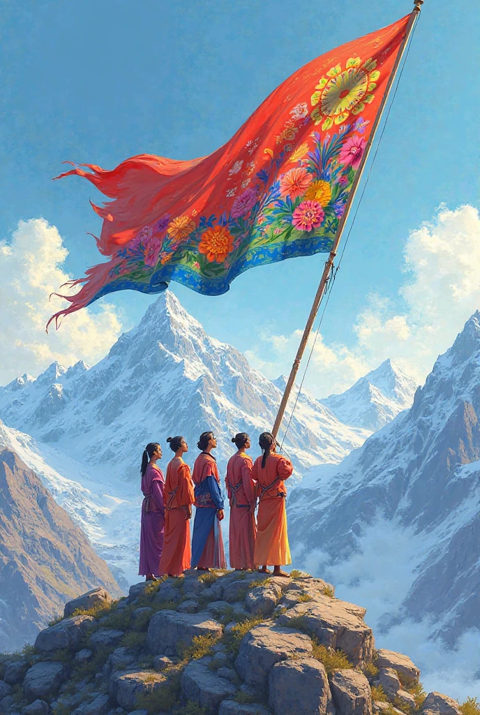 পাহাড়ের উপরে দাঁড়িয়ে চার জন ব্যক্তি গুলিস্তান পতাকা ওড়াচ্ছে