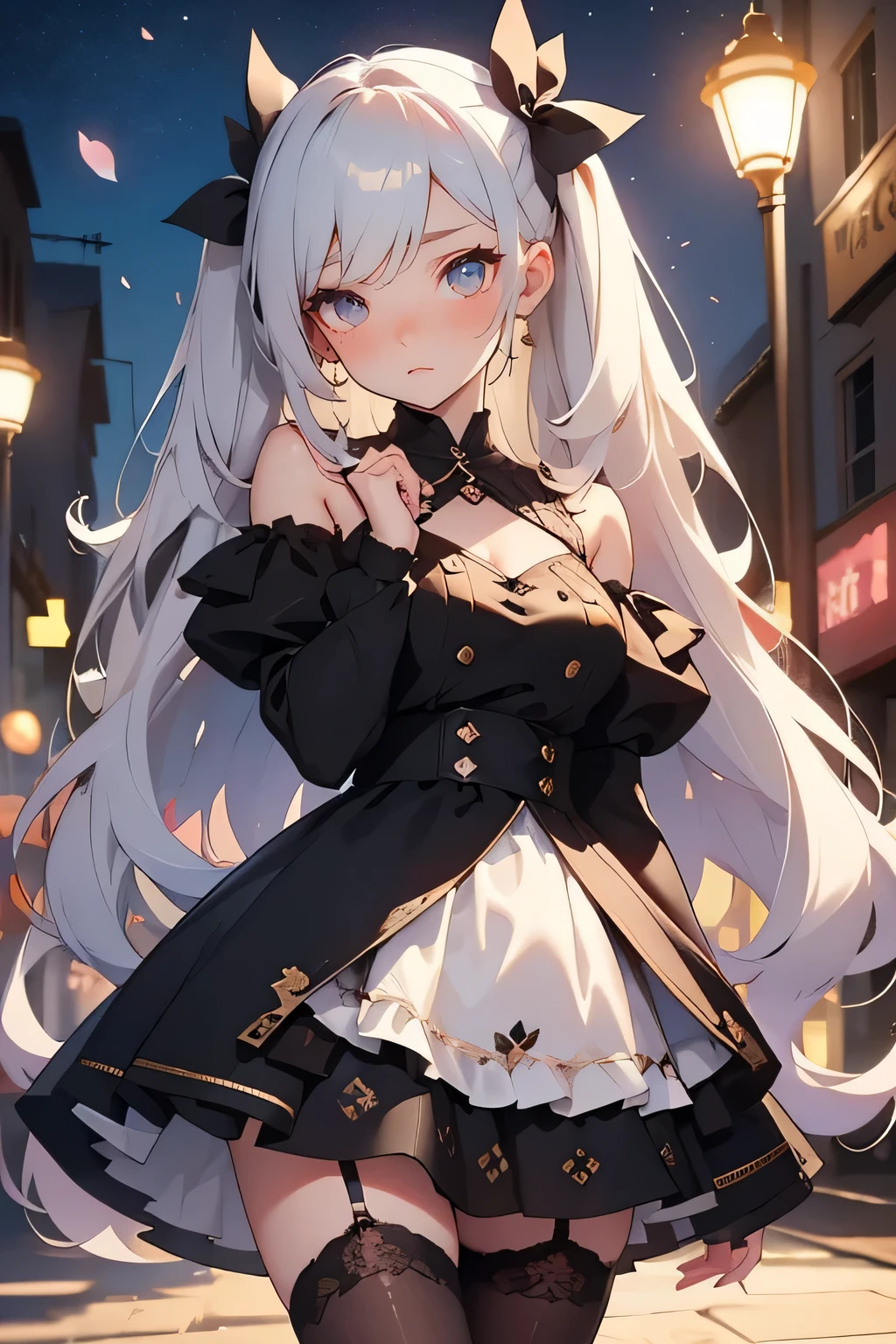 A gothic ta girl with silver twin-tails and porcelain skin, wearing elegant black lace and patterned fishnet tights. She's standing under a soft twilight sky, gently holding the edge of her frilly skirt with both hands—just enough to reveal the delicate texture of her tights beneath. Her expression is a mix of mischievous pride and shy vulnerability, as if caught between playfulness and something unsaid. Cherry blossom petals swirl around her, illuminated by the golden glow of streetlights. The mood is emotional, beautiful, and just slightly charged with tension. No NSFW. Artistic, refined, emotionally intimate