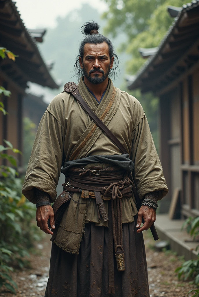 I want you to draw me a male character of medium height and width, strong and wearing very old clothes like old Japan 