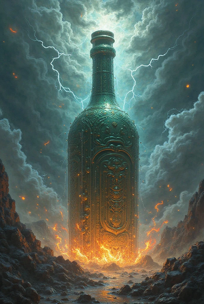 A big mojo bottle is dripping with water and fire is burning around the bottle with little lightning in the background and lots of clouds in the sky. Make a picture of it