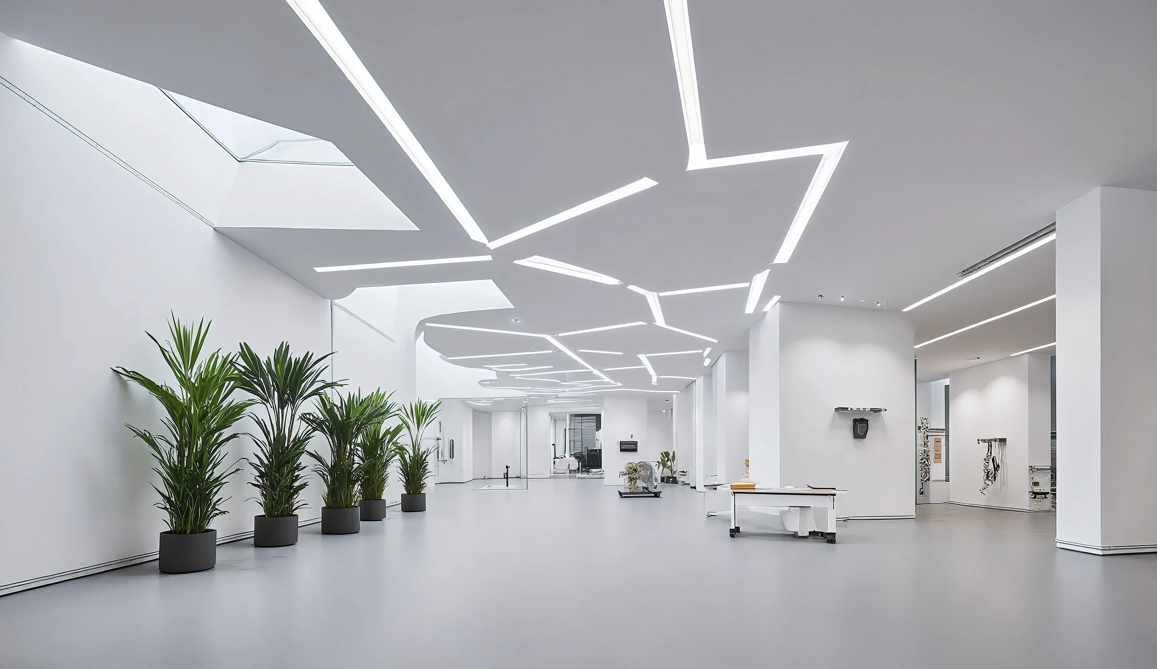 The interior of the ultra-modern hardware shop is vast, open, and intentionally unfurnished, showcasing the pure architectural form of the space. Expansive white walls rise clean and uninterrupted, meeting high ceilings with bold geometric lines and seamless edges. The flooring is a polished microcement or satin-finish epoxy in soft grey, flowing uninterrupted across the wide interior, enhancing the sense of space and calm. Above, continuous linear LED strip lights are recessed into the ceiling in dynamic, asymmetrical patterns, casting soft, ambient light that highlights the volume and texture of the space without harsh shadows. Subtle uplighting along select walls creates depth and dimension, adding a futuristic glow. To soften the modern minimalism, strategically placed interior plants—like tall ficus trees or clustered snake plants in sleek matte planters—bring a natural, sculptural presence to the space. Skylights and narrow clerestory windows allow daylight to wash in gently, creating a serene balance between high-tech design and organic calm. The overall impression is one of effortless sophistication: a monumental, uncluttered environment that feels more like a modern gallery or concept pavilion than a traditional retail store.
