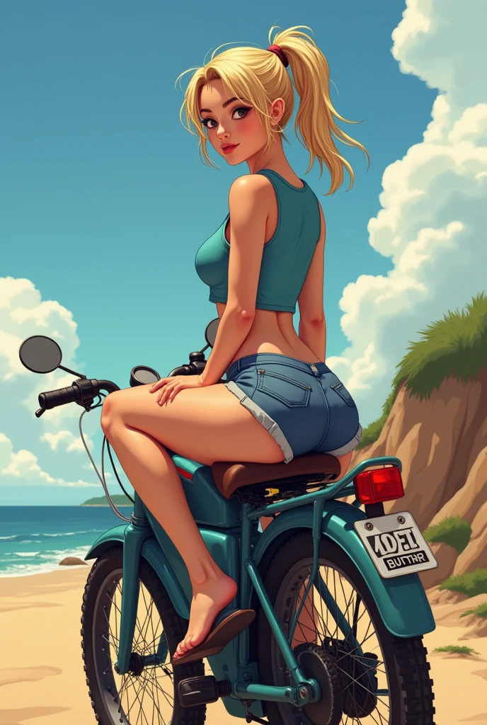 A very beautiful girl with blonde eyes and blue sharp facial features, riding a bike, no clothes