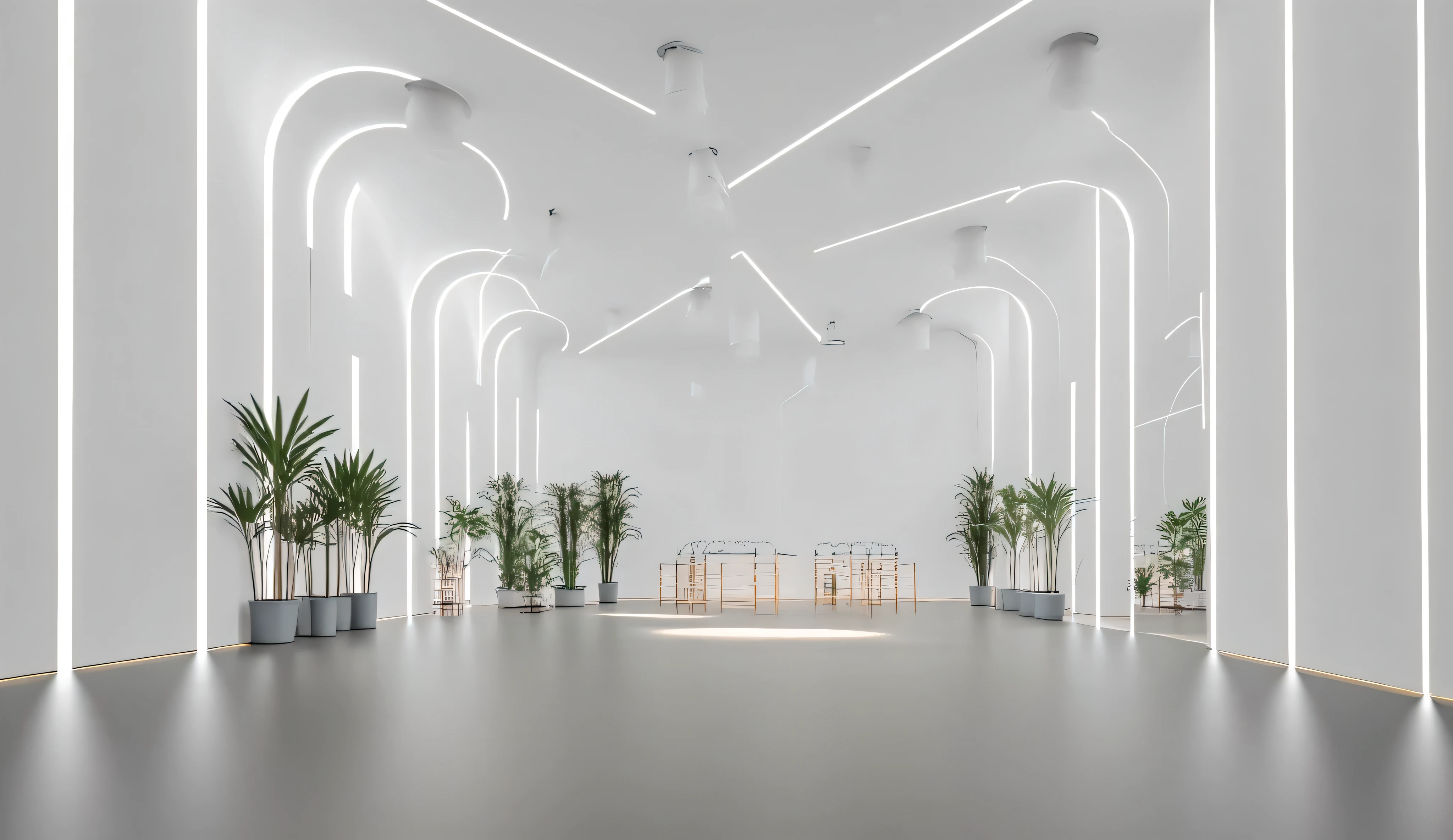 The interior of the ultra-modern hardware shop is vast, open, and intentionally unfurnished, showcasing the pure architectural form of the space. Expansive white walls rise clean and uninterrupted, meeting high ceilings with bold geometric lines and seamless edges. The flooring is a polished microcement or satin-finish epoxy in soft grey, flowing uninterrupted across the wide interior, enhancing the sense of space and calm. Above, continuous linear LED strip lights are recessed into the ceiling in dynamic, asymmetrical patterns, casting soft, ambient light that highlights the volume and texture of the space without harsh shadows. Subtle uplighting along select walls creates depth and dimension, adding a futuristic glow. To soften the modern minimalism, strategically placed interior plants—like tall ficus trees or clustered snake plants in sleek matte planters—bring a natural, sculptural presence to the space. Skylights and narrow clerestory windows allow daylight to wash in gently, creating a serene balance between high-tech design and organic calm. The overall impression is one of effortless sophistication: a monumental, uncluttered environment that feels more like a modern gallery or concept pavilion than a traditional retail store.
