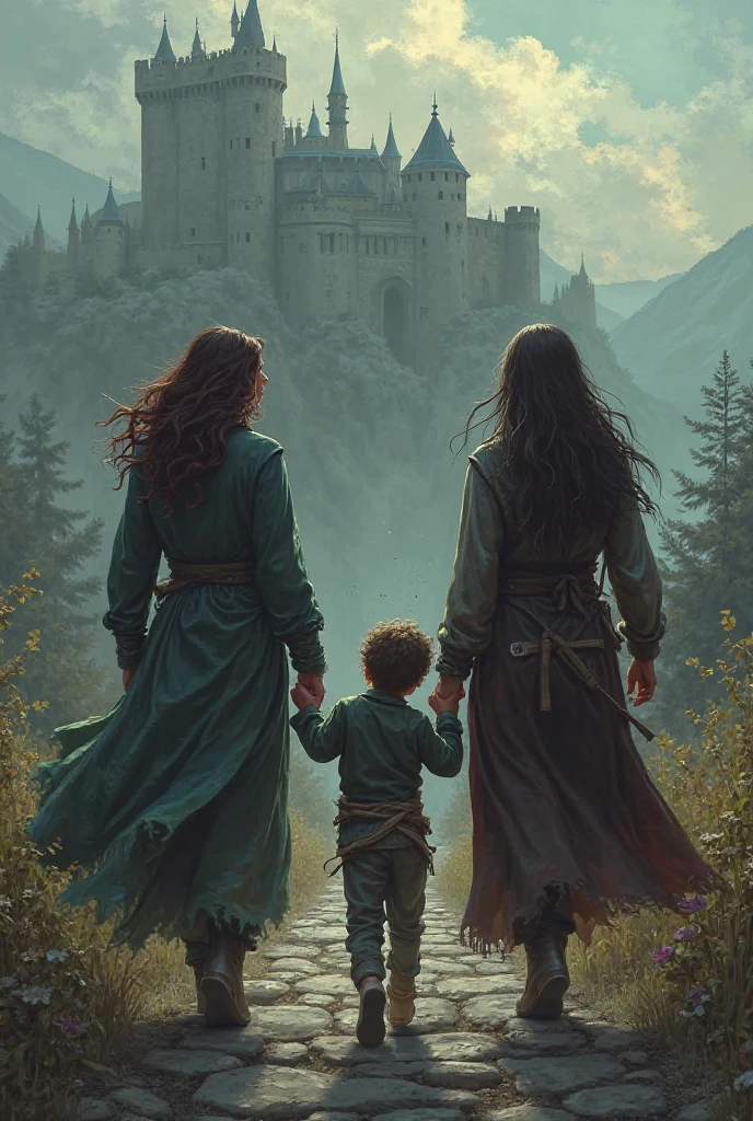 Women lead a little man to a castle while he is bound 