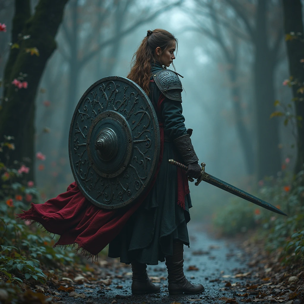 A female traveler equipped with a giant shield、Dot style,super high definition,realistic,perfect work,細密なDィテール,HDR,bokeh,vivid colors,Fantasy Scenery,sword,adventure,Dark Atmosphere,dark tones,Mysterious,Strict Light and Shadow,D