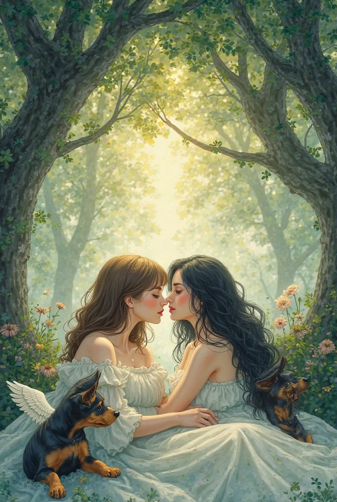 Two girls having sex in a field of blue flowers. The girl on top of the other has tanned skin, blond hair and green eyes. The other girl on the bottom has lighter skin and black hair and blue eyes. There is a small lake near them and a tree where their clothes are. They are both naked and kissing.