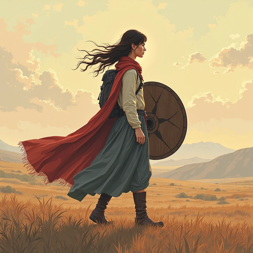A female traveler equipped with a giant shield、dot illustration, High Quality, Professional, Analog style, Fine, delicate, Uniform color tone, Deep colors, Resonating atmosphere, soft light, natural shading, Silent Landscape, Vast land, evening
