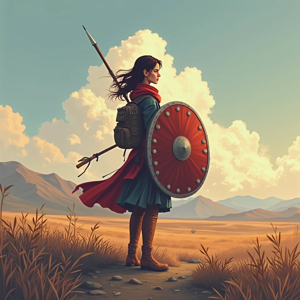 A female traveler equipped with a giant shield、dot illustration, High Quality, Professional, Analog style, Fine, delicate, Uniform color tone, Deep colors, Resonating atmosphere, soft light, natural shading, Silent Landscape, Vast land, evening