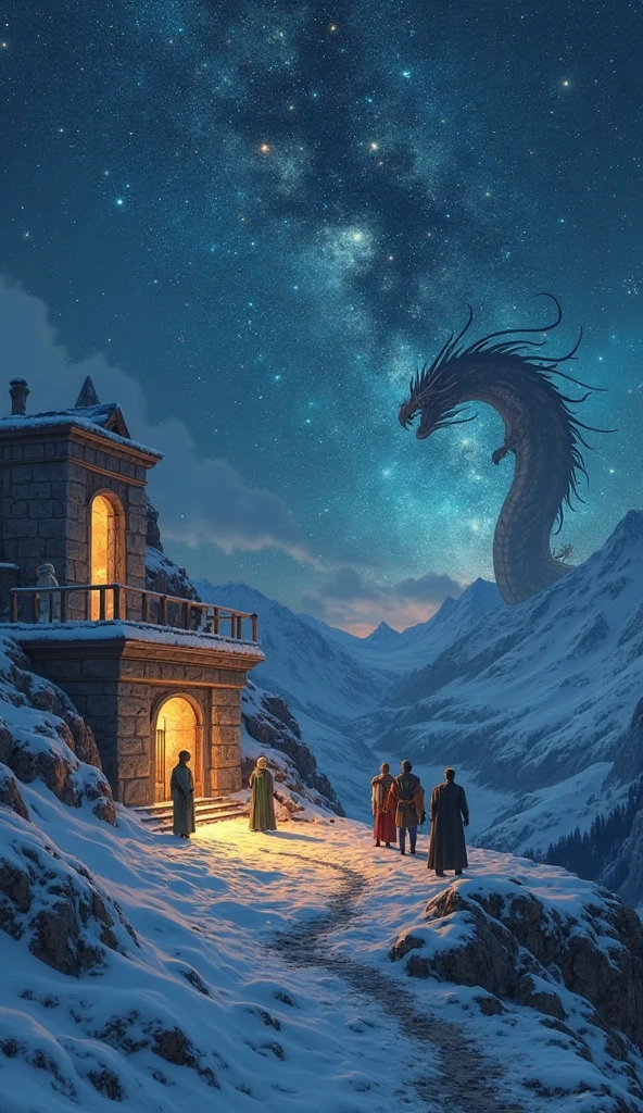 A starry night atop a mountain, with a stone observatory glowing faintly from within. A blind astronomer maps the sky with glowing orbs floating around him, his face lit by their light. Six heroes stand nearby, their armor radiant, facing a colossal shadow-dragon that breathes dark flames. The snow swirls around them, and the mood is mystical, tense, and otherworldly, with a focus on the cosmos.