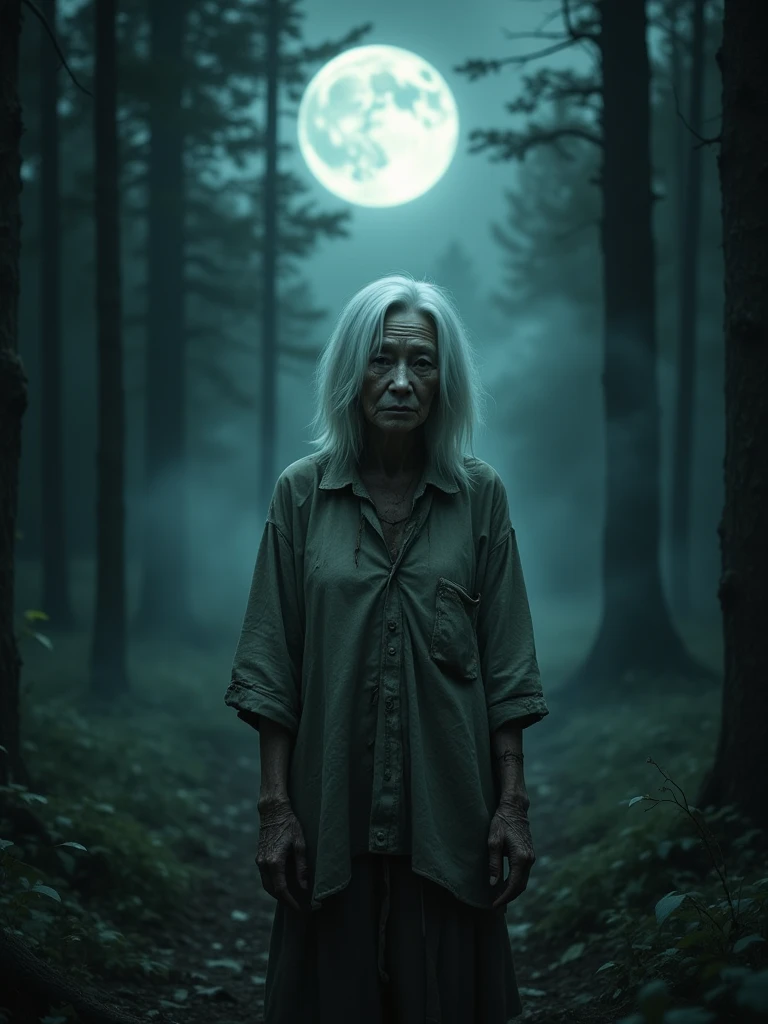 An elderly female ghost with shoulder-length white hair, wrinkled skin, and a dirty, weathered face of Asian descent. Everything about her appears decayed and tattered, wearing old, torn clothing. She stands alone in the middle of a dense forest at night, beneath a large, round moon that casts an eerie glow over the scene. A thick mist lingers in the background, adding to the haunting and unsettling atmosphere. The setting feels desolate, evoking a deep sense of loneliness and isolation.