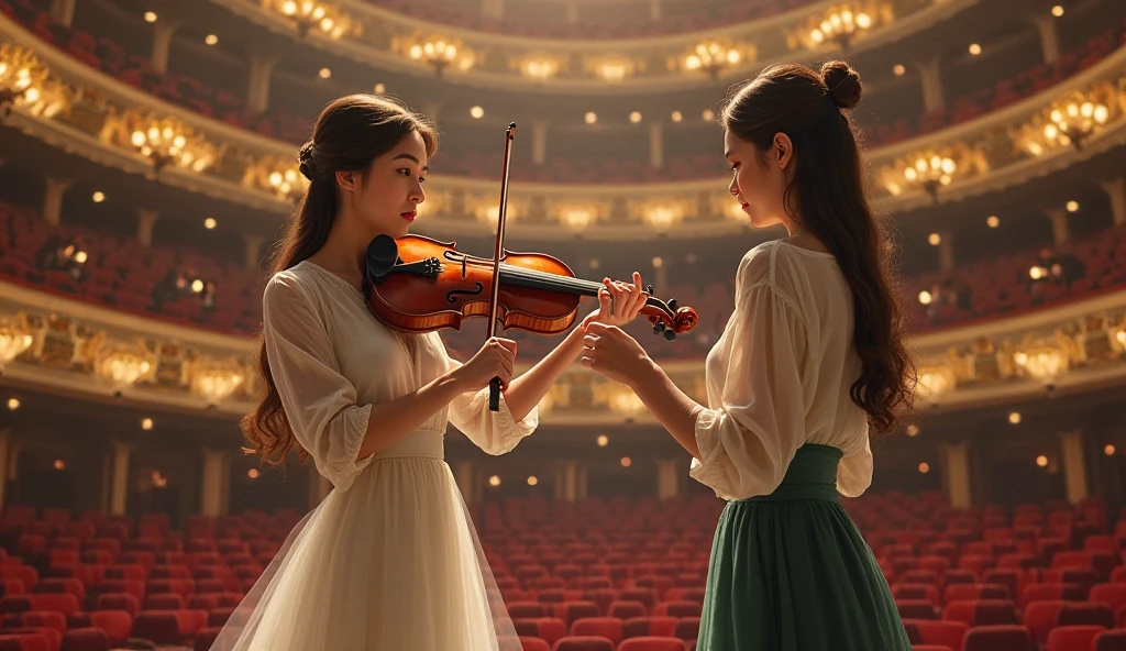 A lady who teaches violin to an amateur in a large concert hall 