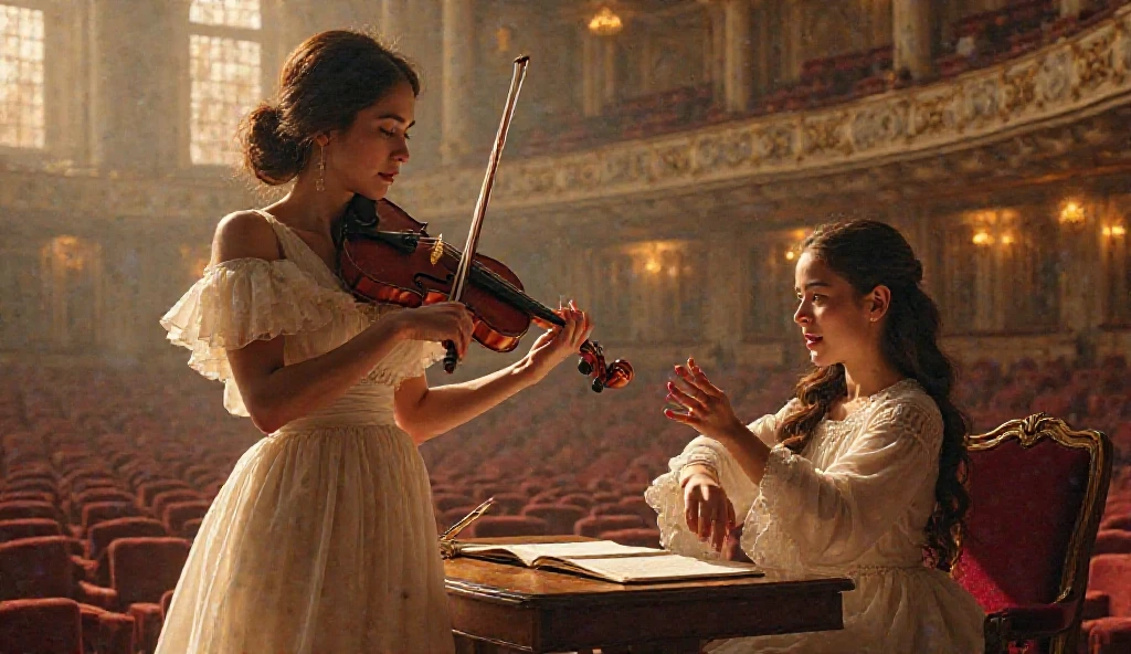 A lady who teaches violin to an amateur in a large concert hall 