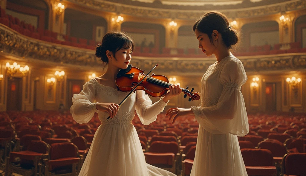 A lady who teaches violin to an amateur in a large concert hall 