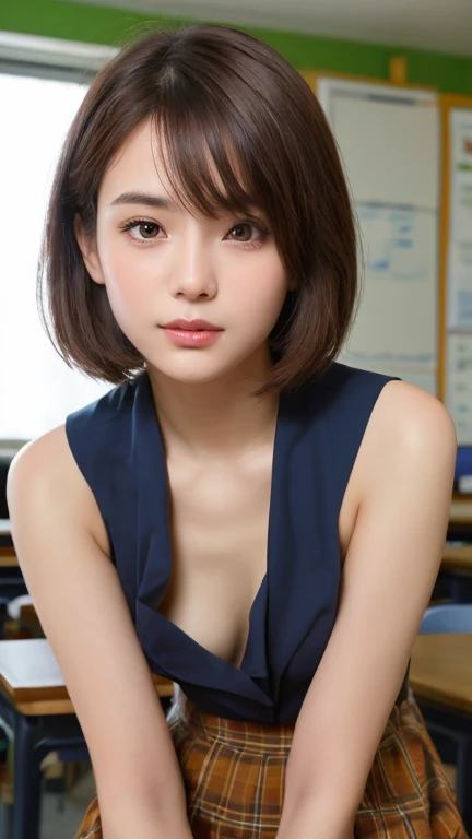 (8K、Raw photography、top-quality、masterpiece:1.2)、(realisitic、Photorealsitic:1.37)、ultra-detailliert、超A high resolution、女の子1人、see the beholder、beautifull detailed face、A smile、Constriction、(Slim waist) :1.3)、Beautiful detailed skin、Skin Texture、Straight hair、Professional Lighting、Whole human body、Short hair、a blond、hi-school girl、School Grounds、Small breasts、Bob Hair、Happy smile、perspiring、(Light blue panties:1.1)、(Light blue bra:1.1)、(Armpit)、Collared shirt、red bowtie、(Sitting table:1.2)、(Facing the front)、(Spread legs:1.2)