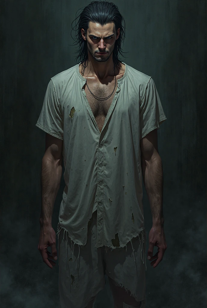 I want you to draw me a male character of medium height and width and mysterious 
 He wears a terrible dress and there is a terrifying aura from him in an anime drawing 