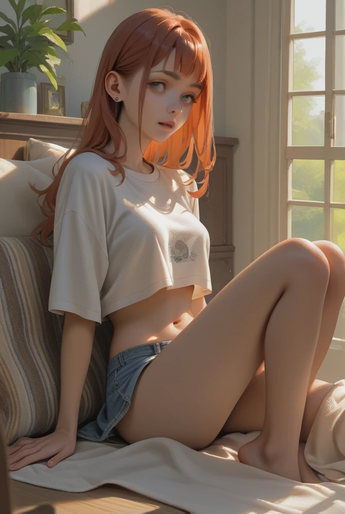 (whole body:1.5),octane rendering, 8K, best quality, masterpiece, backlit scene, single light,illustration, extremely delicate and beautiful, detailed,extremely detailed,CG,Unite,wallpaper,Astonishing, fine details, realistic art: 1.2 ,masterpiece, best quality, official art, extremely detailed CG Unite 8K wallpaper,1 girl, , wearing tiny jean shorts and a see-through white baby t-shirt, sitting on couch with legs spread apart, skinny body, shocked facial expression,,wide open eyes, green eyes, light red hair, widows peak, pretty symetrical face, shiny wet skin, white skin, freckles, pale complexion, thin waist, narrow hips, long legs, skinny body, small breasts, , Realistic photos, (hiqcgbody) ,perfect female figure,