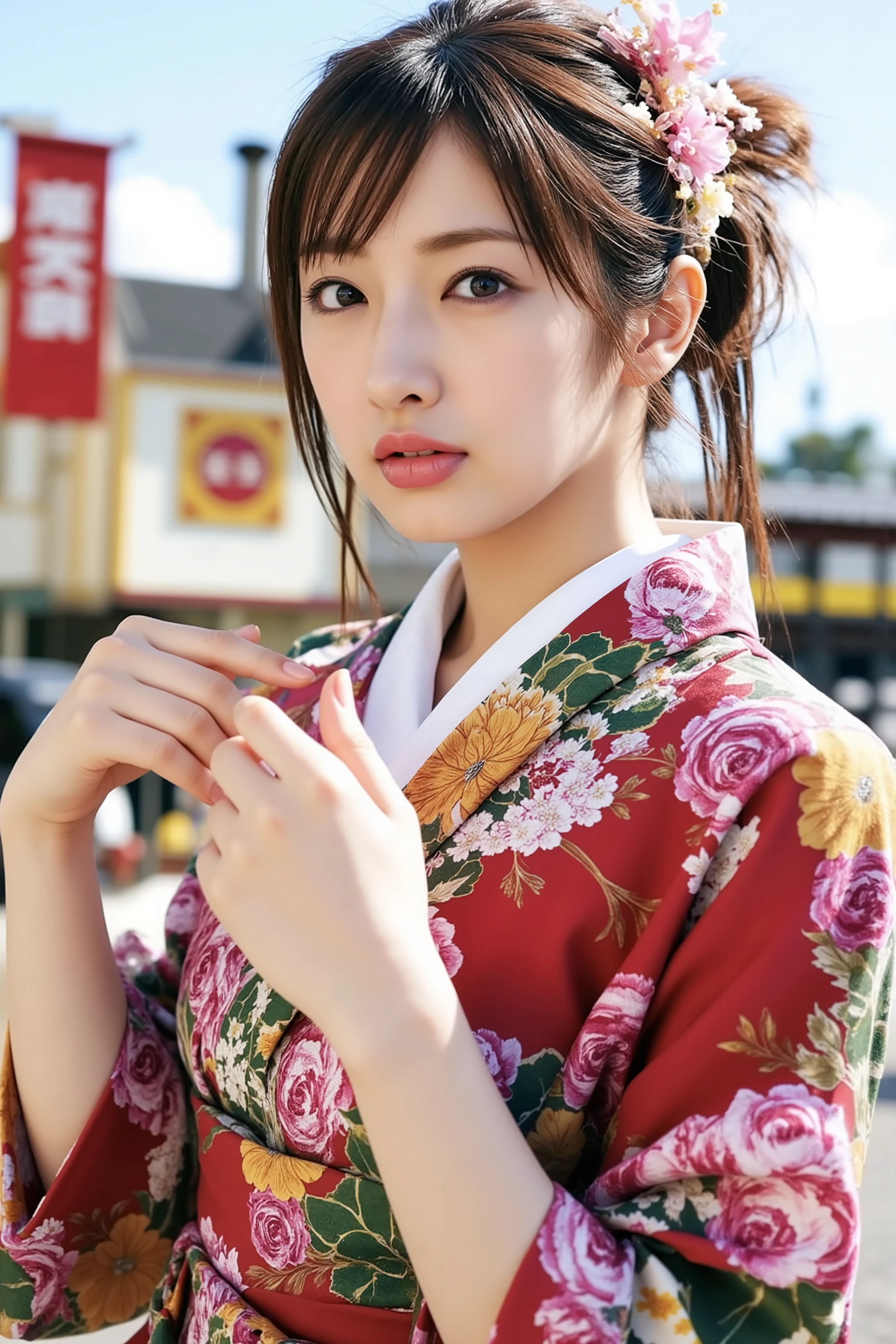 (masterpiece:1.5),beautiful hair,Beautiful Eyes,beautiful lips,Beautiful slender body, popup,(Konno Anna:1.2),(Riho Yoshioka:1.1),(in the Imperial Court:1.3),(Riverside:1.4),bust illustration from the front ,((((An Extraordinary Beauty:1.7)))),(((( kimono,jacket,Taisho Romance:1.5)))),((19-year-old single woman holding a fish in her hand:1.1)),(accurately depicted anatomically correct hands:1.1)black hair,long lashes,Three-dimensional, jewel-like eyes,Very delicate and beautiful CG,2. 5D illustration, anatomically accurate body, (very precise illustration:1.1),(Outdoors:1.4), (wallpaper:1.4),8k