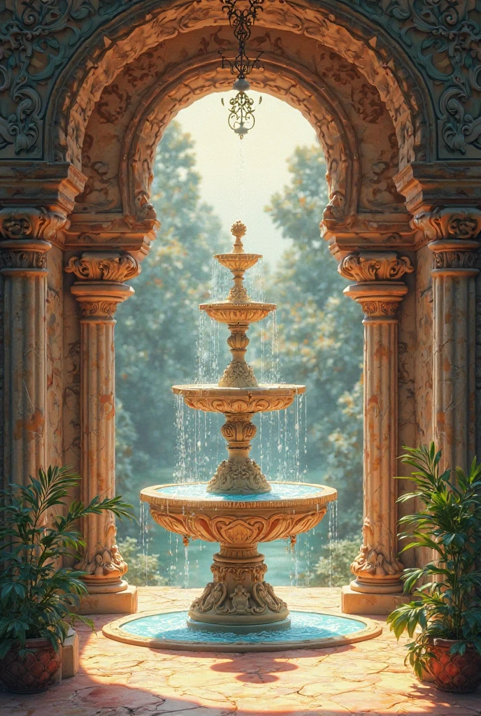 A vertical 2D section for a fountain in the interior entrance of Rapunzel‘s room
Using the Art Nouveau style and the colors of the Repanzel cartoon without putting Repunzel