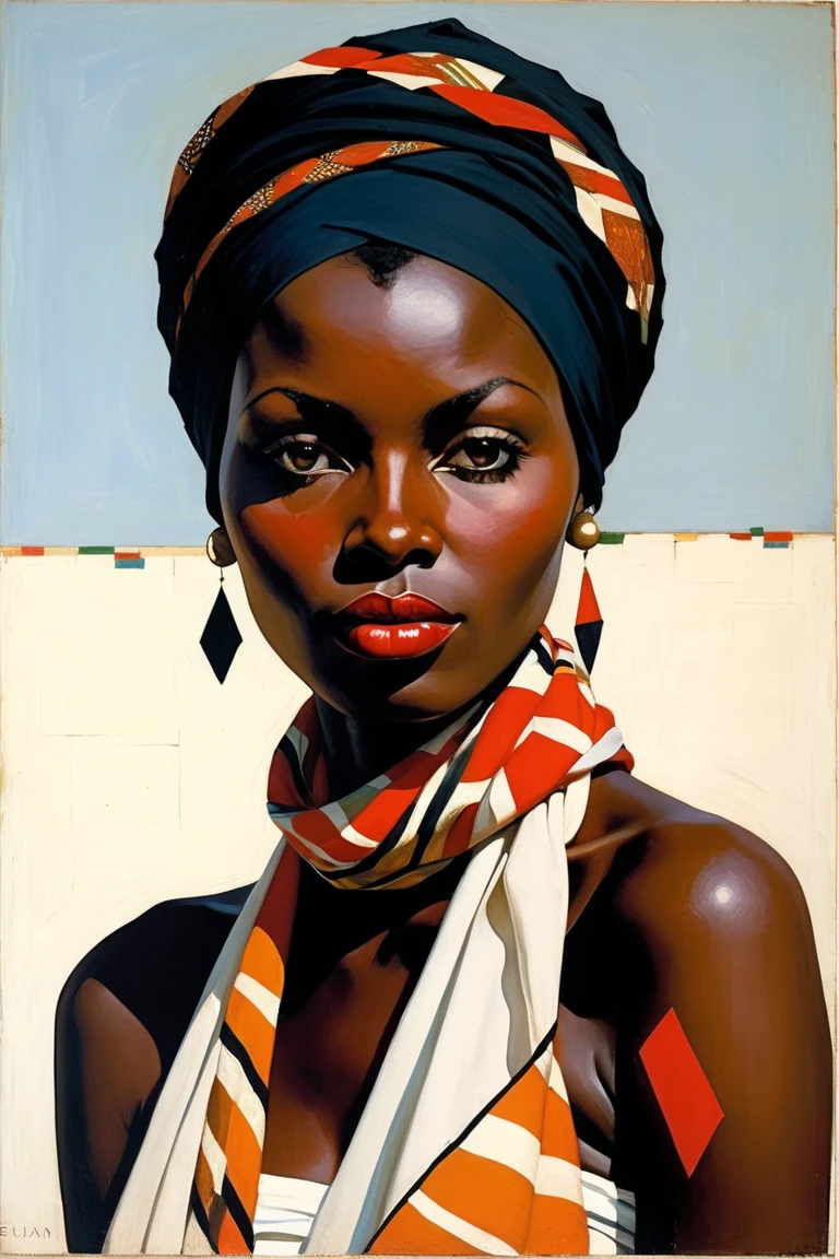  Page de style d 'Euan Uglow,p1c4ss0,portrait d'une femme africaine dark skin noire avec un foulard sur la tête, une poitrine opulente, soutien-gorge focus, Un paradoxe optique:1.2 se déplie comme un éventail:1.1 Volez dans le ciel éternel:1.2, focus décolleté large , leurs échelles reflétant les subtilités de la tessellation:1.1,un clin d'œil à l 'obsession de l 'artiste:1.2, hanches larges