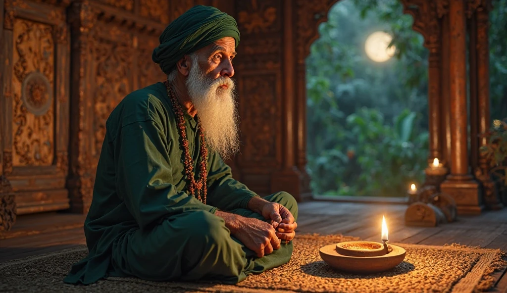 Photorealistic image, ultra HD 4K quality, Faqeer Baba, 60-70 years old, weathered tan skin, long white shining beard, deep brown eyes nervous, sitting on a woven mat inside a stunning wooden hut with polished planks and carvings, leaning slightly forward as he asks in a trembling voice. He wears a dark green open kurta and shalwar, a dark green turban, and two prayer bead necklaces. Bright moonlight and a clay oil lamp light the room, while faint wind rustles the lush jungle outside."