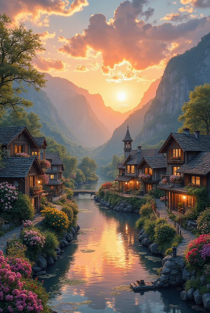 a small village by the river, mountains in the background, floral flowers colorful, detailed landscape, Beautiful natural landscapes, atmospheric lighting, scorching sunset, warm colours, practical, photopractical, Detailed Foliage, complex buildings, cobblestone street, Charming country house, swirly vibrant colors, lush vegetation, Still water reflections, Picturesque, idyllic, work of art, best qualityer, 8k, extremely detaild,anime styling