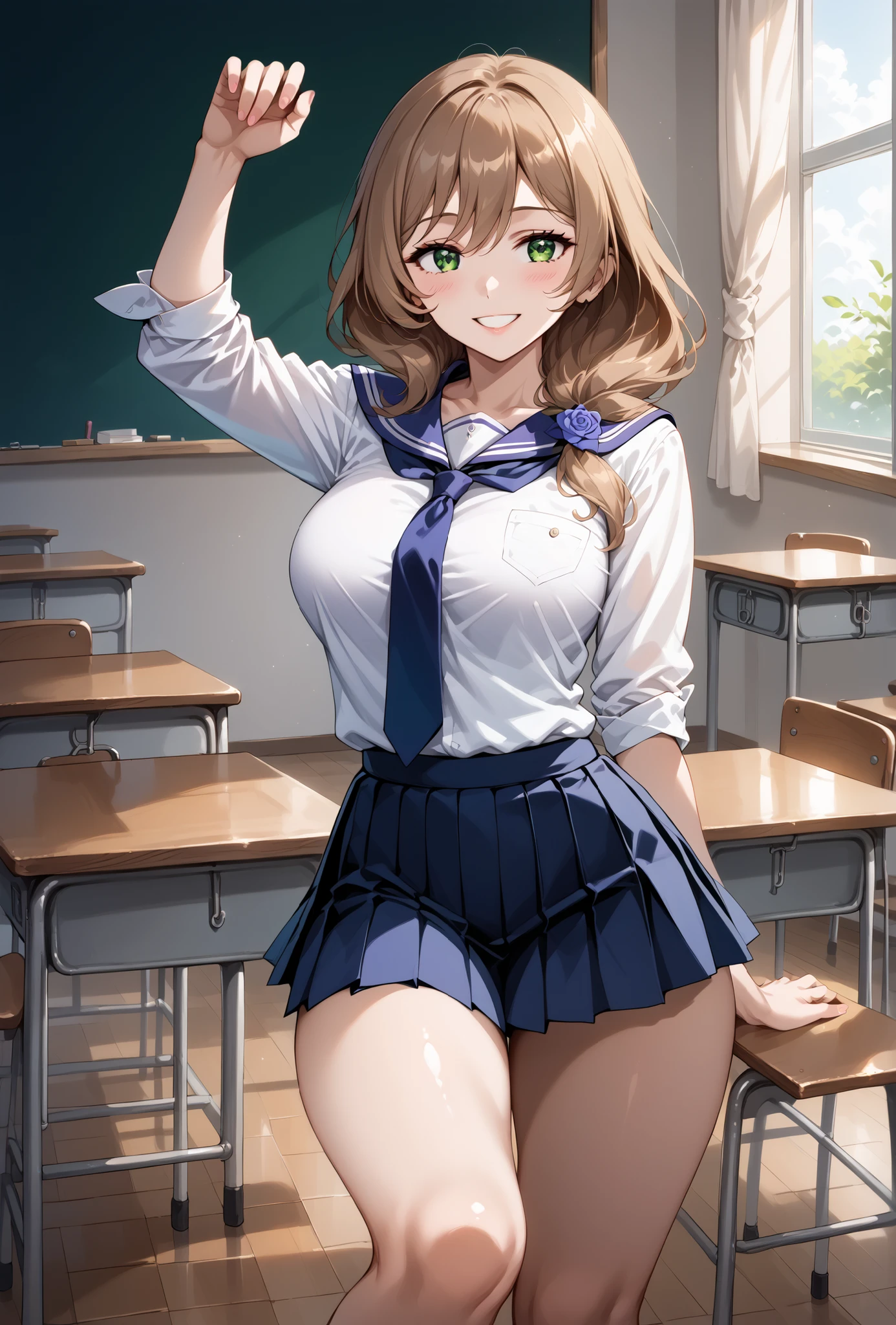 score_9, score_8_up, score_7_up, source_anime, 4K,perfect fingers,(perfect hands, perfect anatomy),prefect lighting, very aesthetic, intricate details,highly detailed background, masterpiece, high quality, best quality,
1girl,Solo,lisaminci, lisa minci, brown hair, green eyes, long hair, low tied hair, large breasts,,
wearing ((school uniform, pleated skirt, )),,
(pose:1.2), leaning towards a table, smiling, slightly angled view, looking forward, center frame, medium shot, indoor setting, classroom, tiled floor, simple table, (detailed legs:1.1), (detailed feet:1.1),