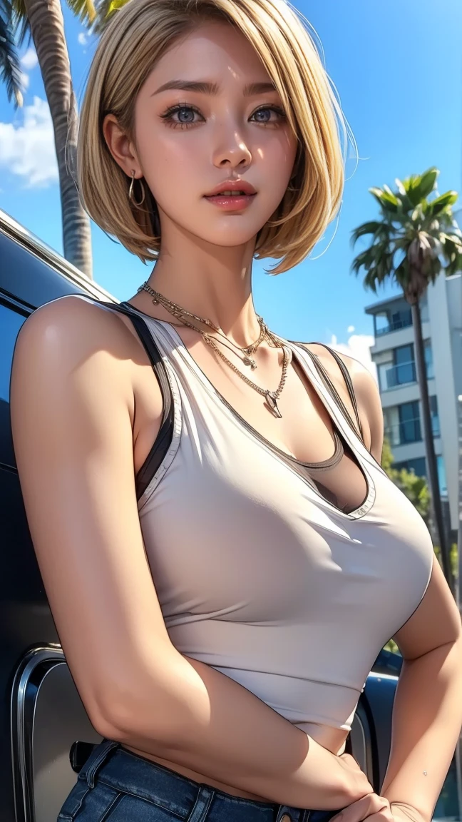 ((Glossy enamel yellow bodycon dress)) (Korean Idols) racing model a blond ((Shorthair)) (red-lips) ((A MILF)) cute little Whip whip large boob sweaty and shiny skin Clean armpits ((Looking at the camera)) Highway at night Photorealsitic Shooting from a low angle Brown eyes