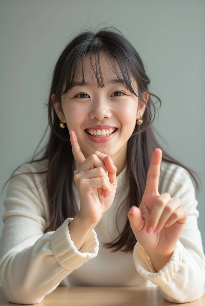 Asian woman, dancing, open chest, eyes looking straight, smiling, short hair, glasses on hair, sharp images, clear