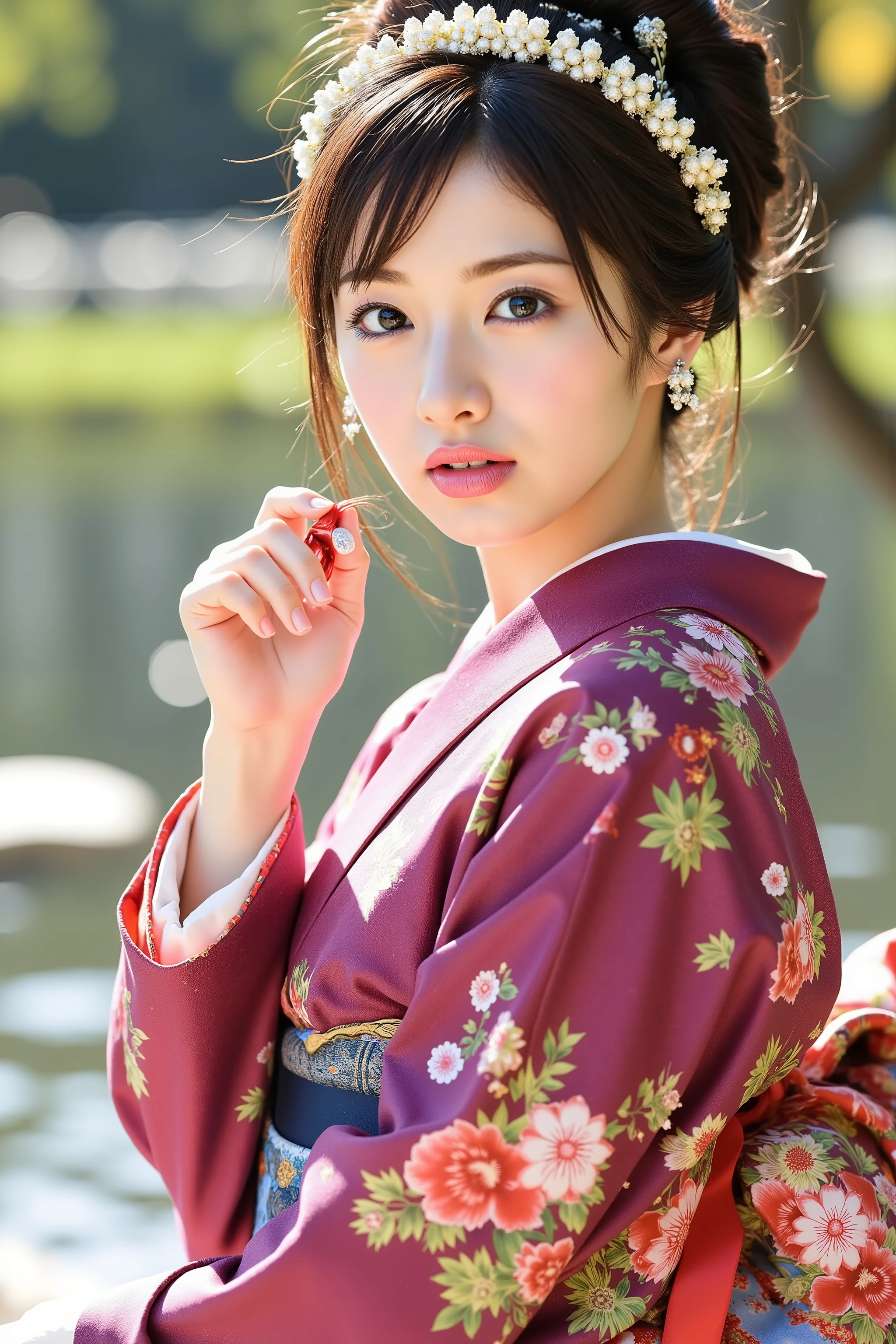 (masterpiece:1.5),beautiful hair,Beautiful Eyes,beautiful lips,Beautiful slender body, popup,(Konno Anna:1.2),(Riho Yoshioka:1.1),(in the Imperial Court:1.3),(Riverside:1.4),bust illustration from the front ,((((An Extraordinary Beauty:1.7)))),(((( kimono,jacket,Taisho Romance:1.5)))),((19-year-old single woman holding a fish in her hand:1.1)),(accurately depicted anatomically correct hands:1.1)black hair,long lashes,Three-dimensional, jewel-like eyes,Very delicate and beautiful CG,2. 5D illustration, anatomically accurate body, (very precise illustration:1.1),(Outdoors:1.4), (wallpaper:1.4),8k