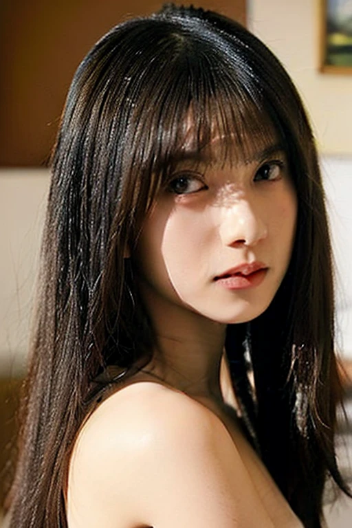 masterpiece, highest quality, One Girl, (Beautiful girl:1.3), (16 years old:1.3), Very fine grain definition, (Symmetrical eyes:1.3), (hot spring), (nude, bath towel:1.2), Beautiful breasts, Brown eyes, Parted bangs, Brown Hair, (Eyes and facial details:1.1)