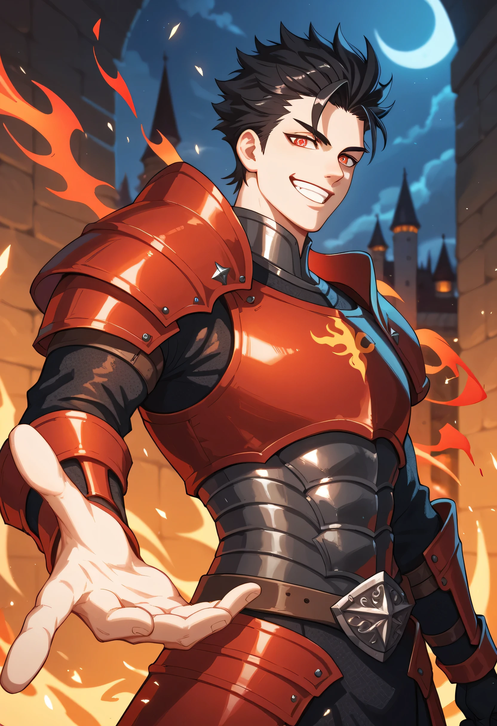 black hair, white skin, spiky hair, strong physique, glowing red eyes, black and red energy, black and red flames, man, anime style, black flames in hands, smiling, medieval castle background, night, fantastic lighting, focus on character, solo, black armor, red armor, knight, Tristan Liones