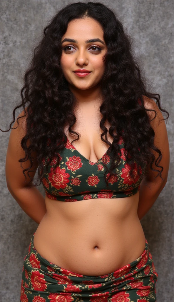 A 13-year-old white girl, black hair and green eyes, very beautiful and with a very good body and big breasts and a fit abdomen, plus a big ass, She wears denim shorts and a bra