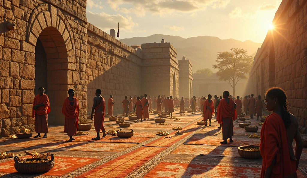 "Ancient stone structures of Great Zimbabwe surrounded by vibrant trade activity—merchants displaying gold, ivory, and exotic goods on colorful woven mats. Caravans with pack animals arrive through stone gateways, and traders from distant lands exchange items under the warm African sun. Historical realism, rich cultural detail, 4K resolution, golden hour lighting."