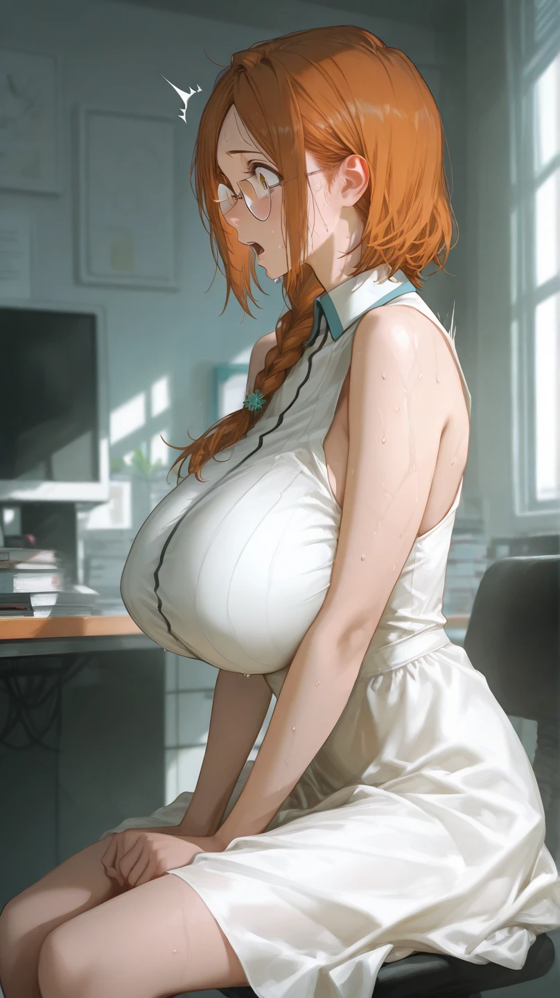 Sonia, Big, big, perfect body, outstanding style, female doctor, topless, lab coat, emphasis on breasts, arms behind, erotic expression, estrus face, sideways ponytail, orange hair, bangs, infirmary, panty, green eyes, covering breasts with arm